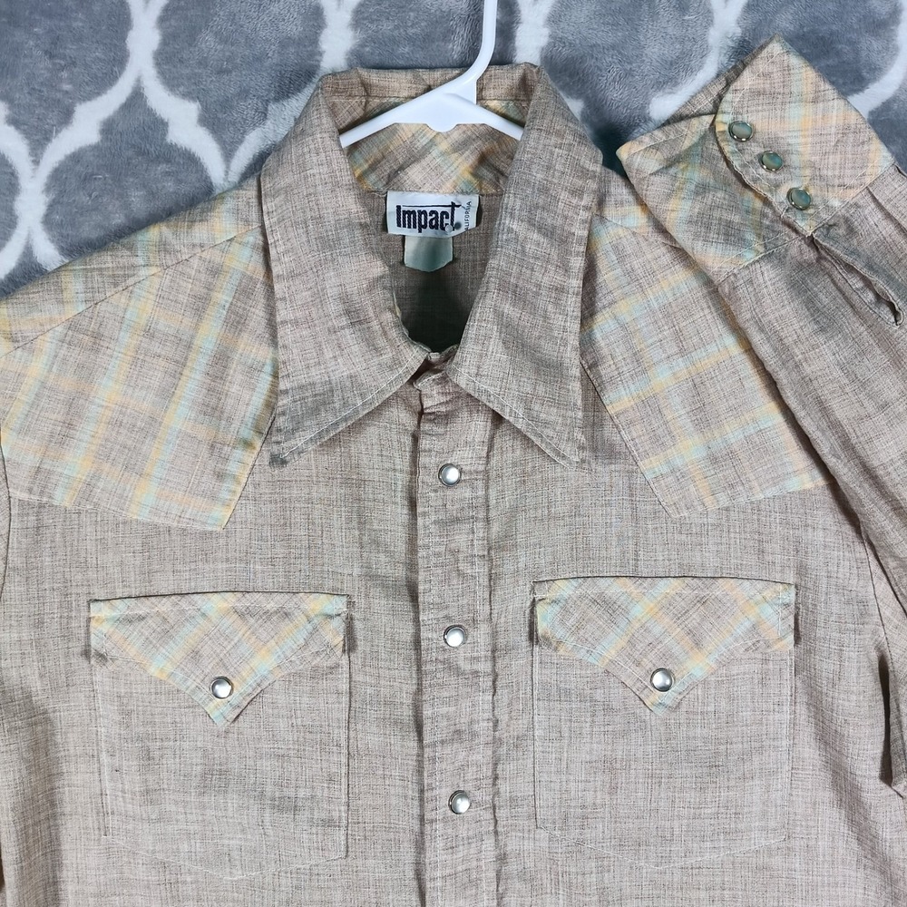 Impact Western Shirt Men L Tan Plaid Pearl Snap Long Sleeve Contrast Yoke VTG
